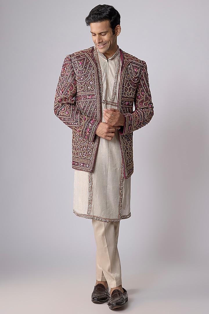 Wine Brocade Embellished Groom Indowestern Set by Dapper & Dare at Pernia's Pop Up Shop