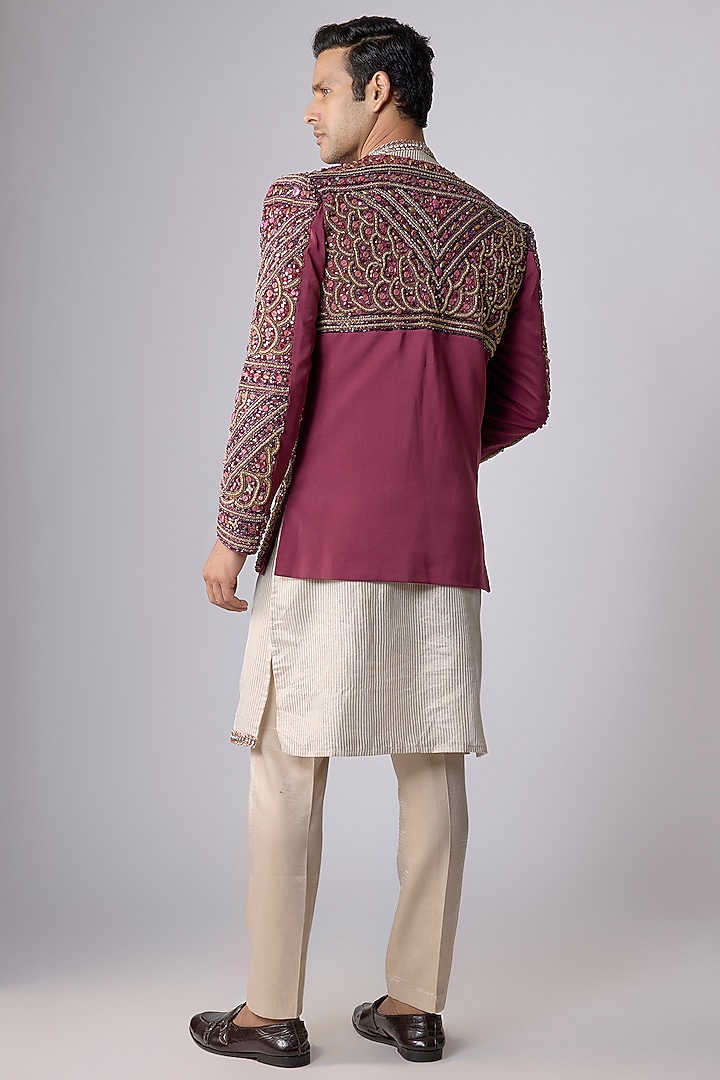 Wine Brocade Embellished Groom Indowestern Set by Dapper & Dare at Pernia's Pop Up Shop