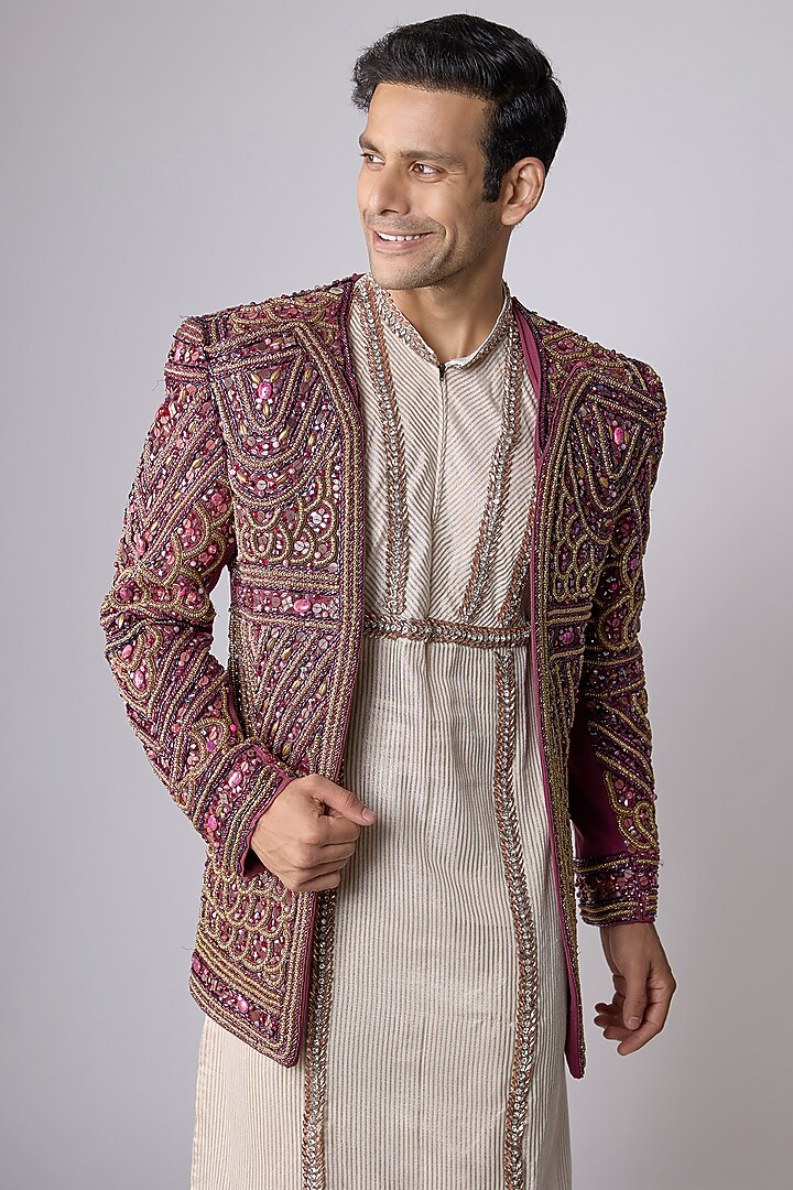Wine Brocade Embellished Groom Indowestern Set by Dapper & Dare at Pernia's Pop Up Shop