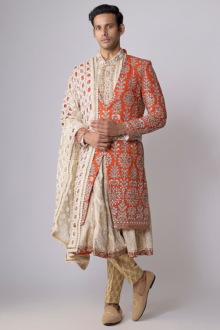 Orange Georgette Swarovski Hand Embroidered Groom Sherwani Set by Dapper & Dare at Pernia's Pop Up Shop