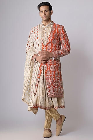 Orange Georgette Swarovski Hand Embroidered Sherwani Set by Dapper & Dare