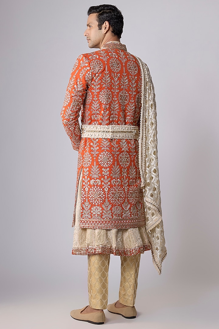 Orange Georgette Swarovski Hand Embroidered Groom Sherwani Set by Dapper & Dare at Pernia's Pop Up Shop