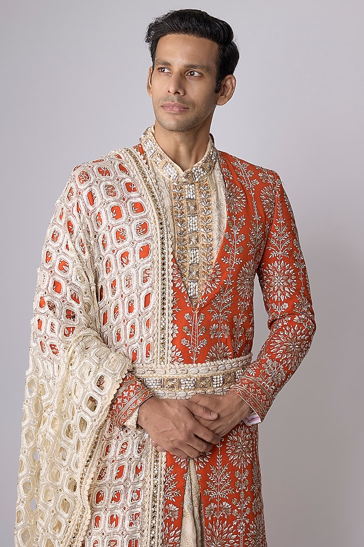 Orange Georgette Swarovski Hand Embroidered Groom Sherwani Set by Dapper & Dare at Pernia's Pop Up Shop