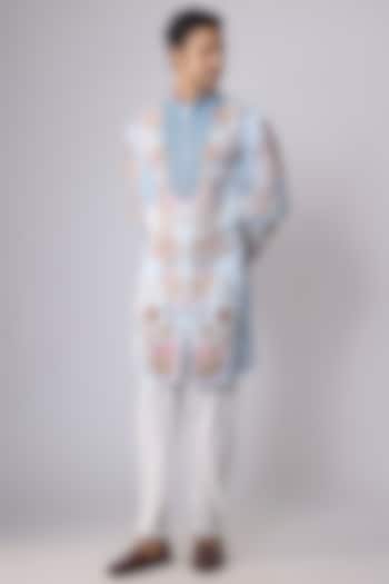 Powder Blue Satin Sequin Hand Embroidered Kurta Set by Dapper & Dare at Pernia's Pop Up Shop