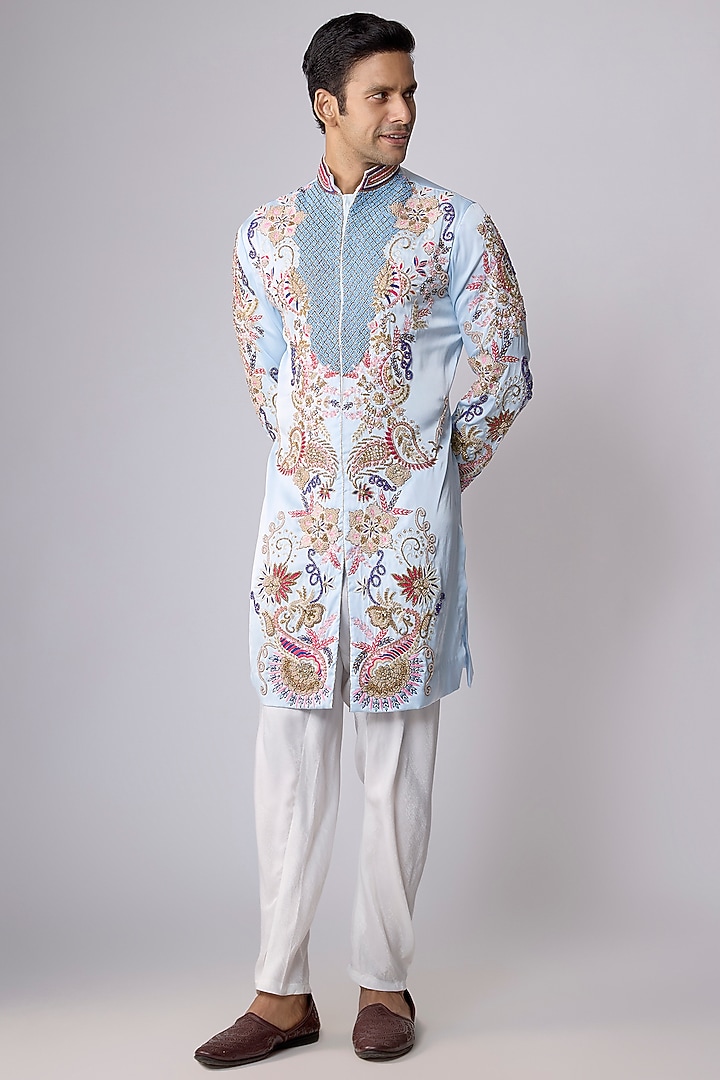 Powder Blue Satin Sequin Hand Embroidered Kurta Set by Dapper & Dare at Pernia's Pop Up Shop