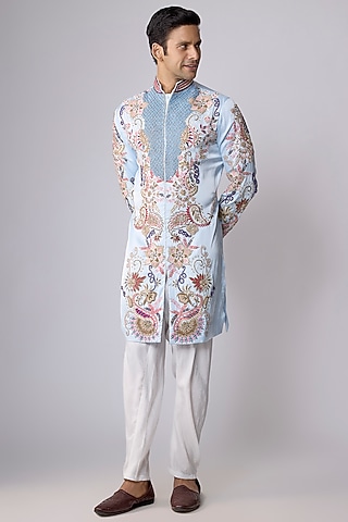 Powder Blue Satin Sequin Hand Embroidered Kurta Set by Dapper & Dare