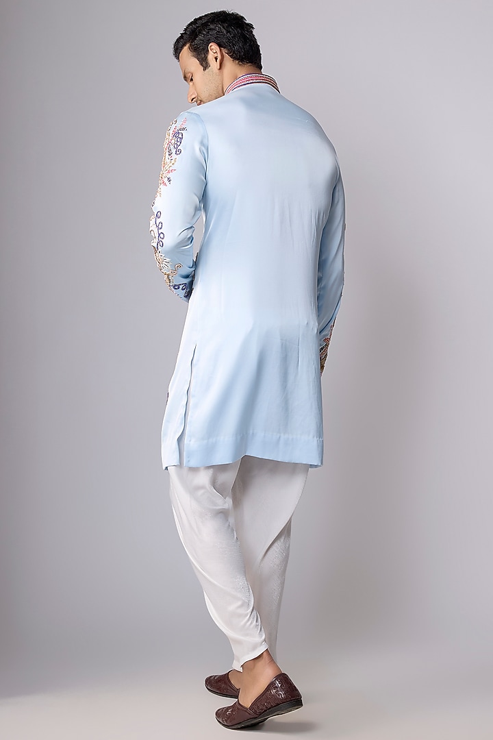 Powder Blue Satin Sequin Hand Embroidered Kurta Set by Dapper & Dare at Pernia's Pop Up Shop