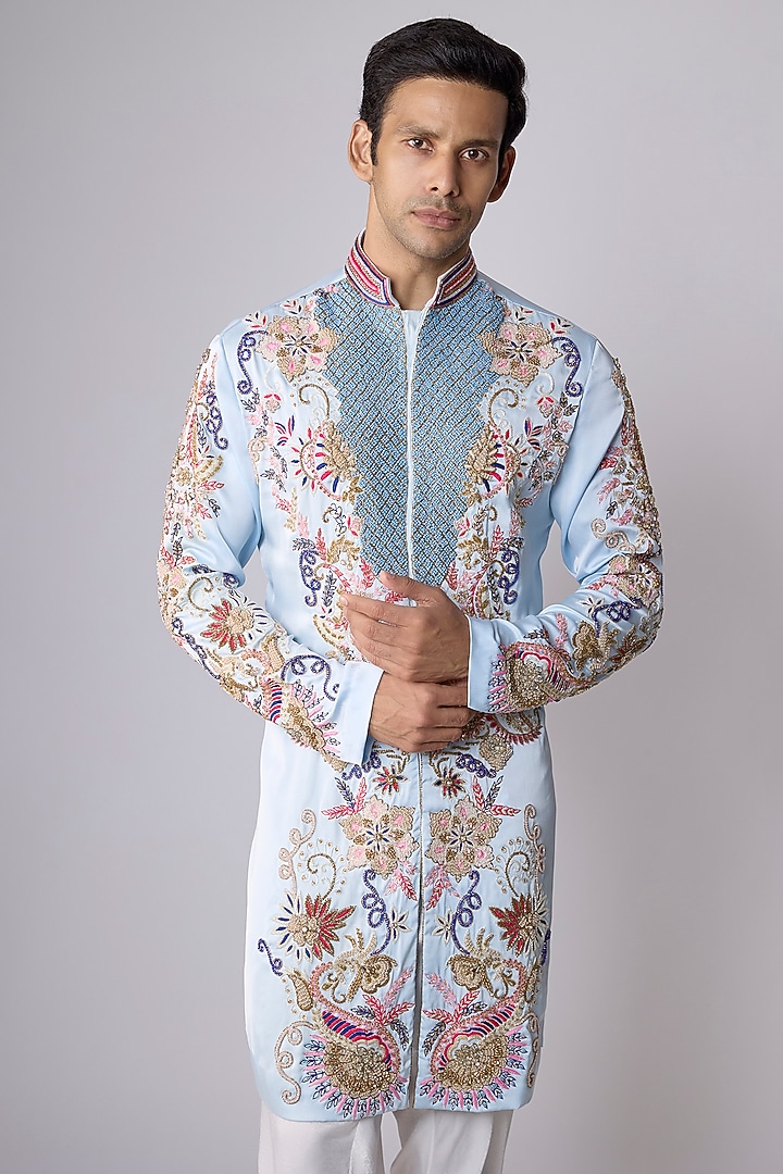 Powder Blue Satin Sequin Hand Embroidered Kurta Set by Dapper & Dare at Pernia's Pop Up Shop
