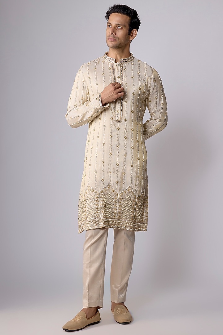 Beige Tissue Sequin Hand Embroidered Kurta Set by Dapper & Dare at Pernia's Pop Up Shop