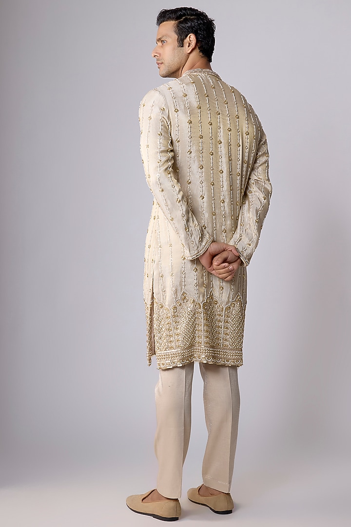 Beige Tissue Sequin Hand Embroidered Kurta Set by Dapper & Dare at Pernia's Pop Up Shop
