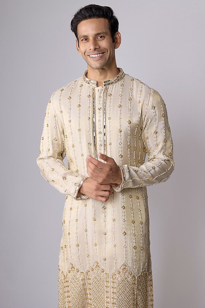 Beige Tissue Sequin Hand Embroidered Kurta Set by Dapper & Dare at Pernia's Pop Up Shop