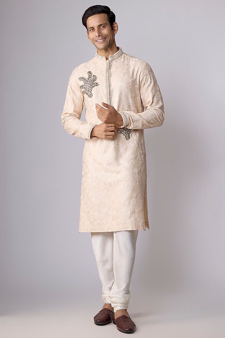 Ivory Dupion Silk Sequins Embroidered Kurta Set by Dapper & Dare at Pernia's Pop Up Shop