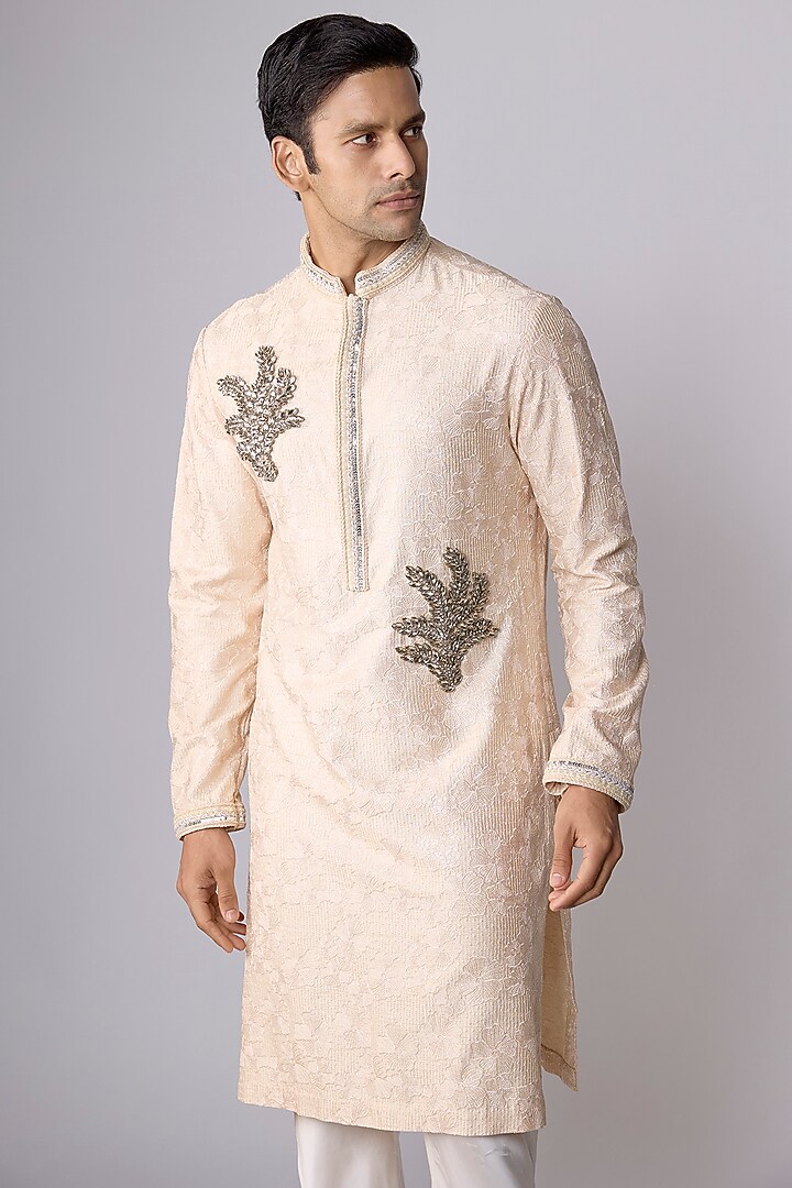 Ivory Dupion Silk Sequins Embroidered Kurta Set by Dapper & Dare at Pernia's Pop Up Shop