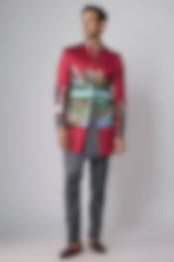 Cherry Red Silk Satin Hand Painted Groom Indowestern Set by Dapper & Dare at Pernia's Pop Up Shop