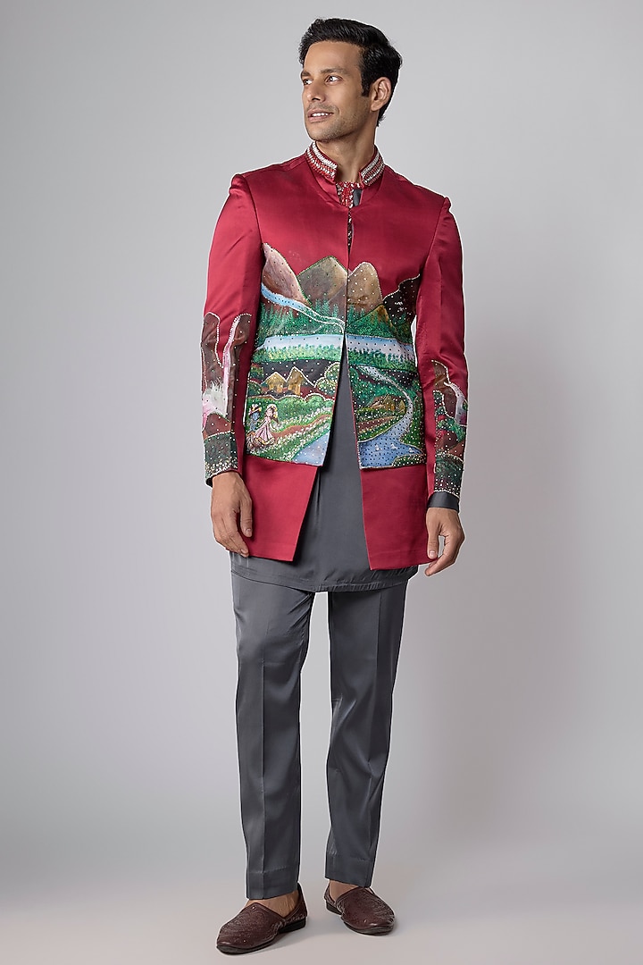 Cherry Red Silk Satin Hand Painted Groom Indowestern Set by Dapper & Dare at Pernia's Pop Up Shop