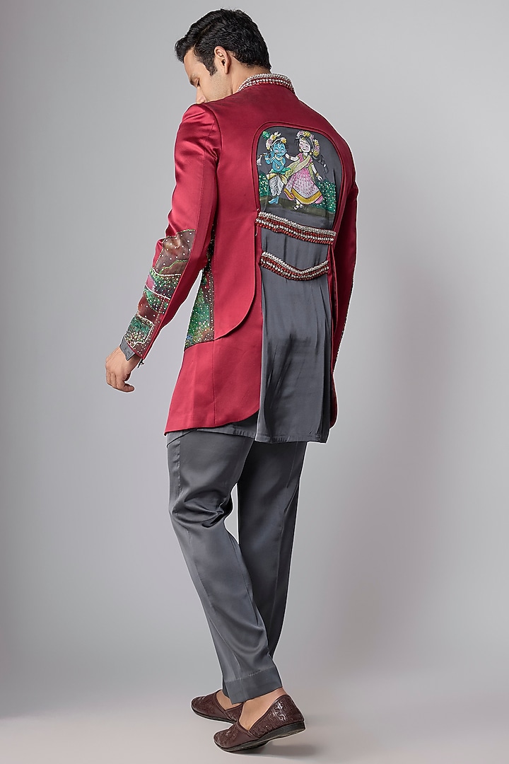 Cherry Red Silk Satin Hand Painted Groom Indowestern Set by Dapper & Dare at Pernia's Pop Up Shop
