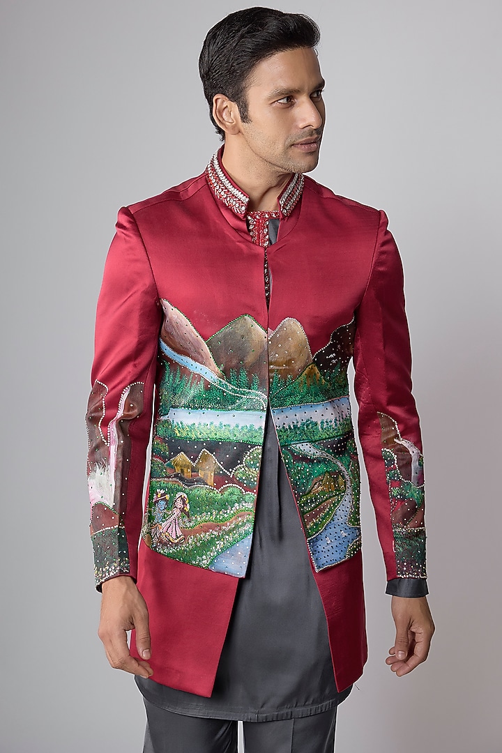 Cherry Red Silk Satin Hand Painted Groom Indowestern Set by Dapper & Dare at Pernia's Pop Up Shop