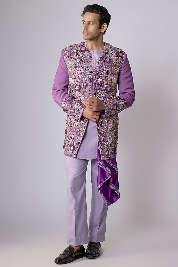 Purple Japanese Crepe Thread Hand Embroidered Groom Indowestern Set by Dapper & Dare at Pernia's Pop Up Shop