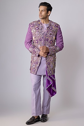 Purple Japanese Crepe Thread Hand Embroidered Indowestern Set by Dapper & Dare