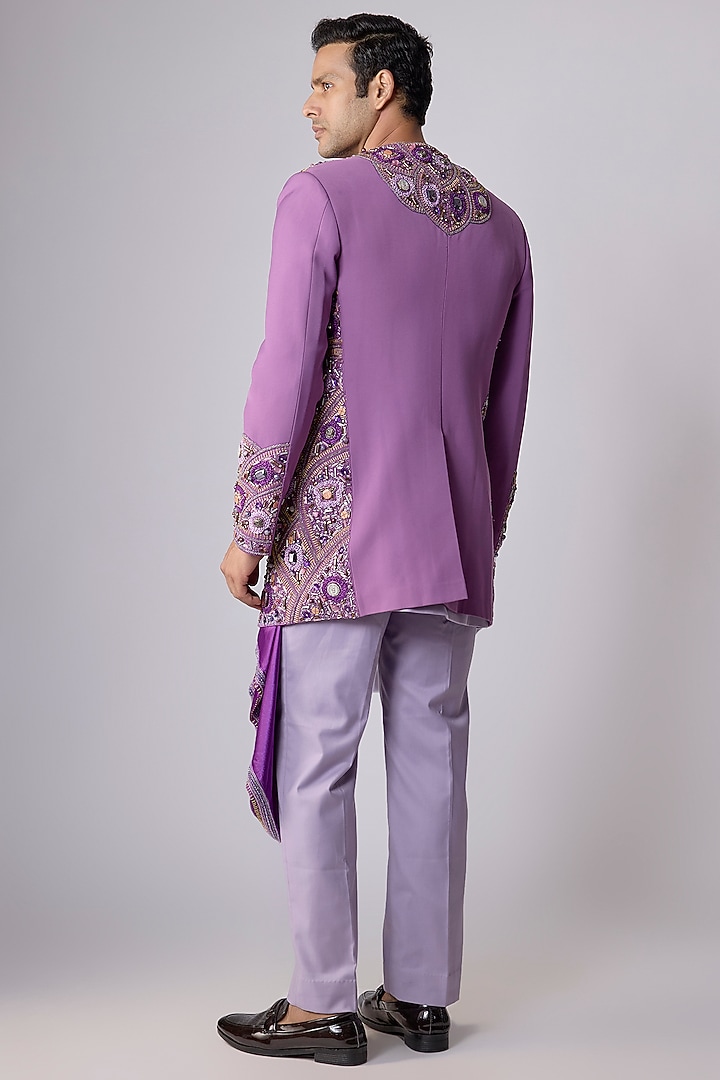 Purple Japanese Crepe Thread Hand Embroidered Groom Indowestern Set by Dapper & Dare at Pernia's Pop Up Shop