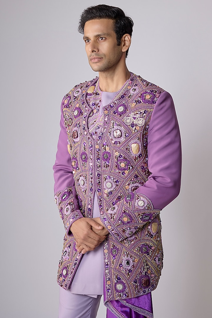 Purple Japanese Crepe Thread Hand Embroidered Groom Indowestern Set by Dapper & Dare at Pernia's Pop Up Shop