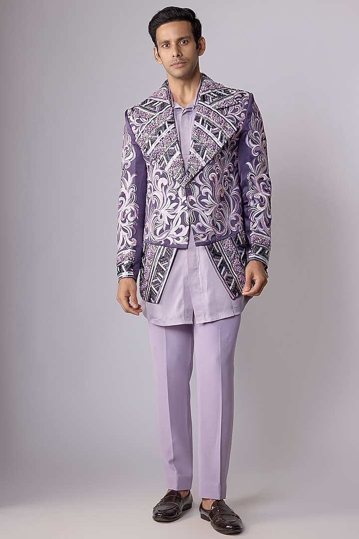 Purple Japanese Crepe sequins Hand Embroidered Groom Indowestern Set by Dapper & Dare at Pernia's Pop Up Shop