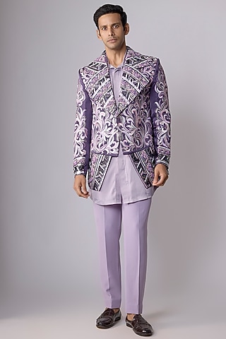 Purple Japanese Crepe sequins Hand Embroidered Indowestern Set by Dapper & Dare