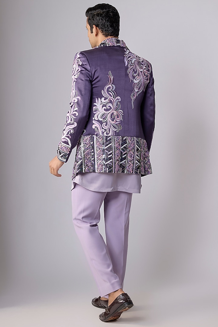 Purple Japanese Crepe sequins Hand Embroidered Groom Indowestern Set by Dapper & Dare at Pernia's Pop Up Shop