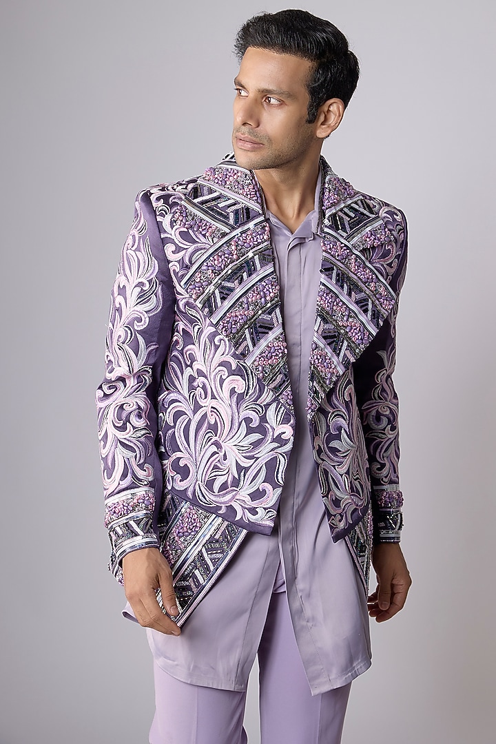 Purple Japanese Crepe sequins Hand Embroidered Groom Indowestern Set by Dapper & Dare at Pernia's Pop Up Shop
