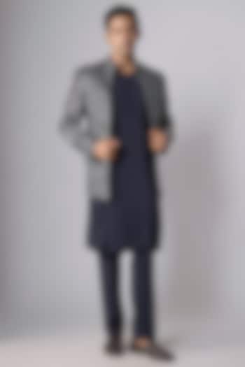 Midnight Blue Japanese Crepe Hand Embroidered Groom Indowestern Set by Dapper & Dare at Pernia's Pop Up Shop