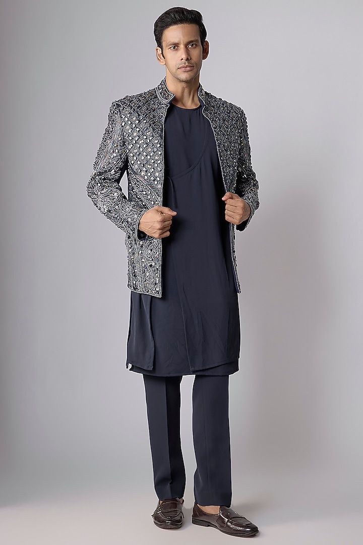 Midnight Blue Japanese Crepe Hand Embroidered Groom Indowestern Set by Dapper & Dare at Pernia's Pop Up Shop