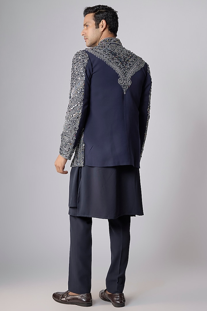 Midnight Blue Japanese Crepe Hand Embroidered Groom Indowestern Set by Dapper & Dare at Pernia's Pop Up Shop