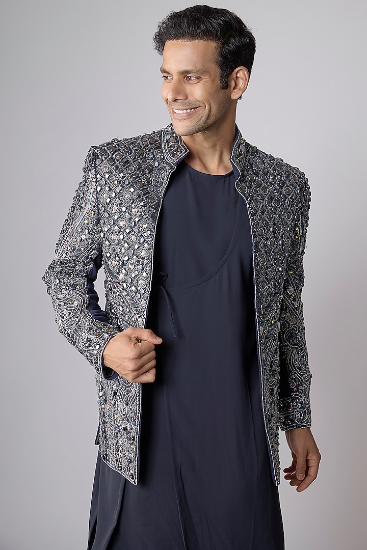 Midnight Blue Japanese Crepe Hand Embroidered Groom Indowestern Set by Dapper & Dare at Pernia's Pop Up Shop
