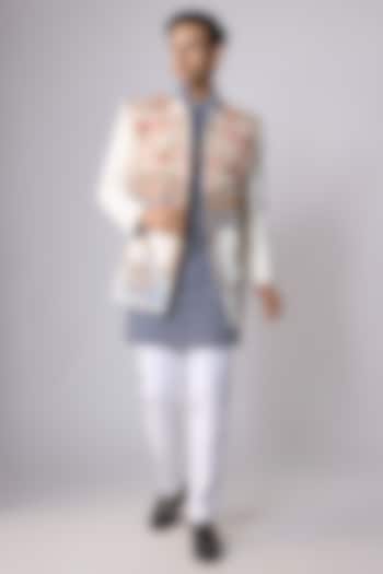 White Japanese Crepe Floral Embroidered Groom Indowestern Set by Dapper & Dare at Pernia's Pop Up Shop