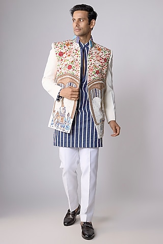 White Japanese Crepe Floral Embroidered Indowestern Set by Dapper & Dare