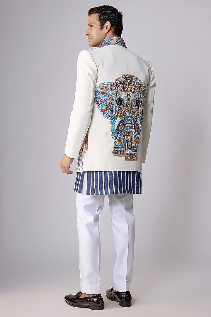 White Japanese Crepe Floral Embroidered Groom Indowestern Set by Dapper & Dare at Pernia's Pop Up Shop