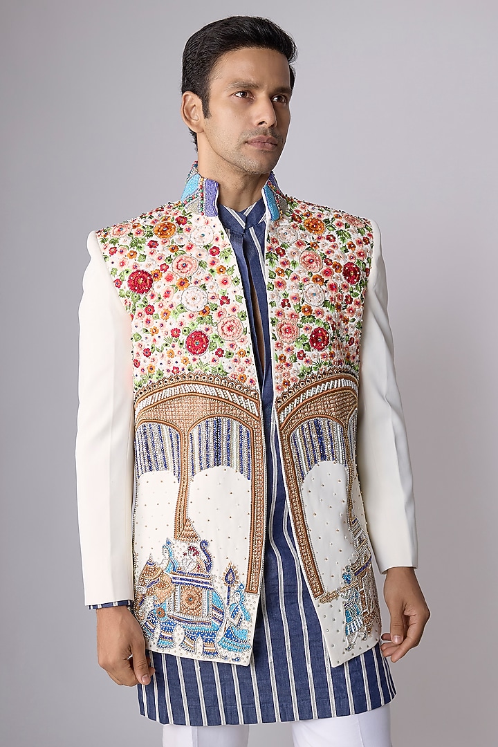 White Japanese Crepe Floral Embroidered Groom Indowestern Set by Dapper & Dare at Pernia's Pop Up Shop
