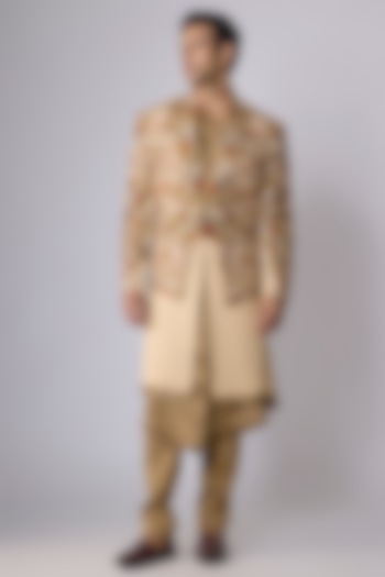 Beige Japanese Crepe Zardosi Embroidered Groom Sherwani Set by Dapper & Dare at Pernia's Pop Up Shop
