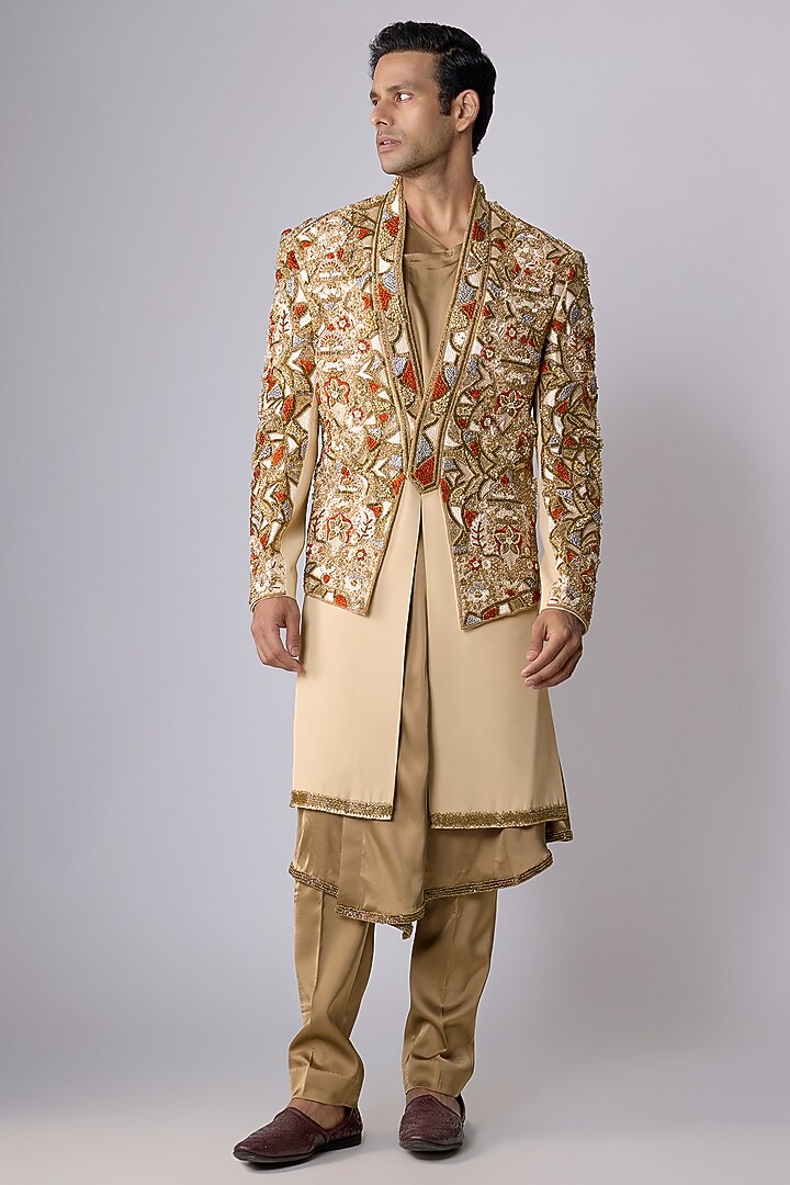 Beige Japanese Crepe Zardosi Embroidered Groom Sherwani Set by Dapper & Dare at Pernia's Pop Up Shop