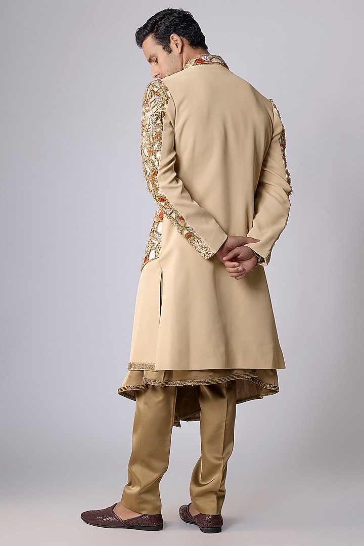 Beige Japanese Crepe Zardosi Embroidered Groom Sherwani Set by Dapper & Dare at Pernia's Pop Up Shop