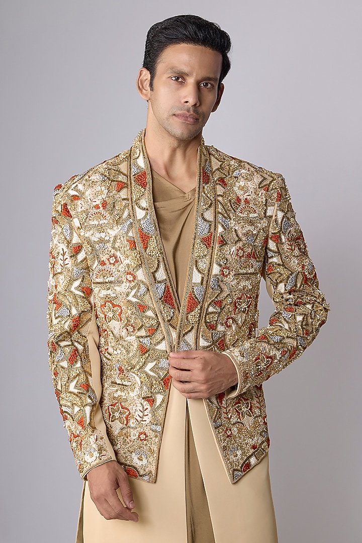 Beige Japanese Crepe Zardosi Embroidered Groom Sherwani Set by Dapper & Dare at Pernia's Pop Up Shop