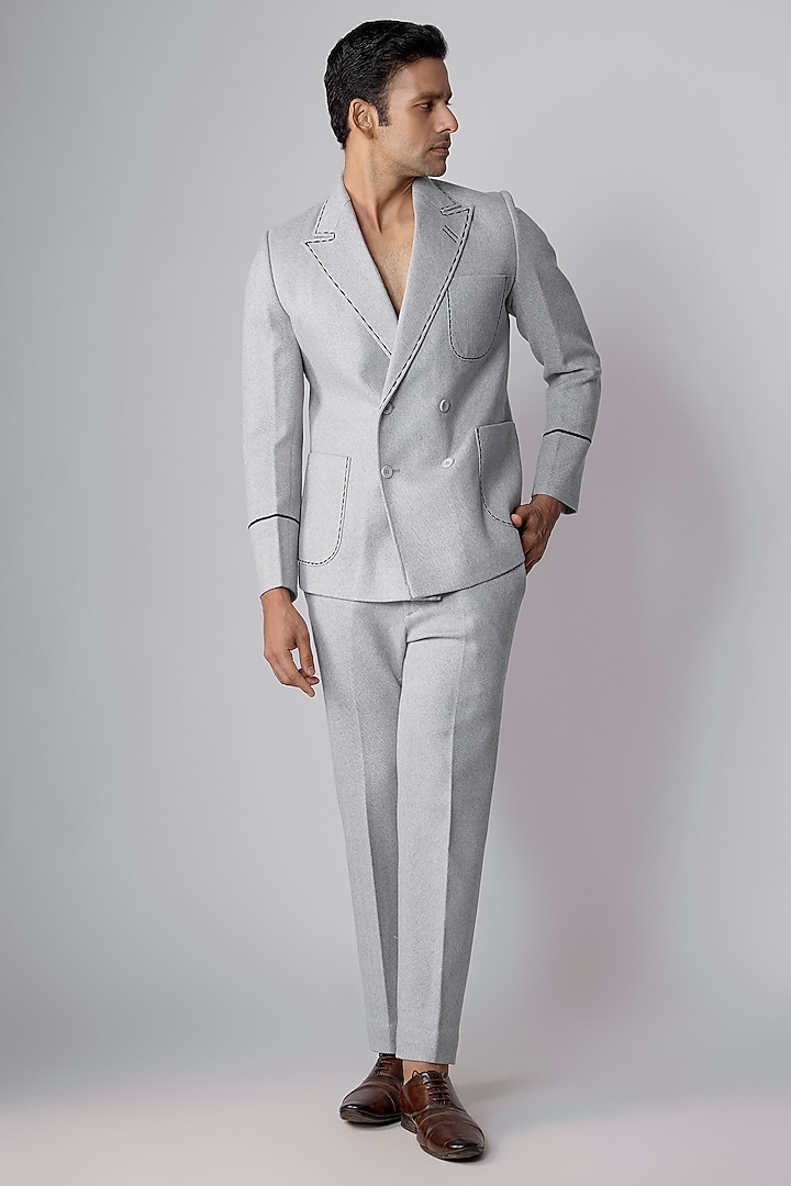 Ice Grey British Twill Double-Breasted Jacket Set by Dapper & Dare at Pernia's Pop Up Shop