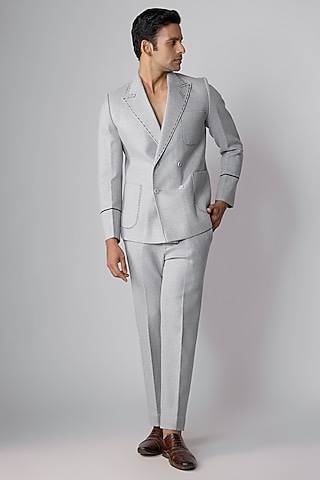 Ice Grey British Twill Double-Breasted Jacket Set by Dapper & Dare