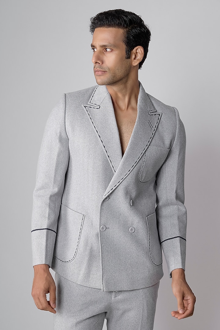 Ice Grey British Twill Double-Breasted Jacket Set by Dapper & Dare at Pernia's Pop Up Shop