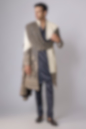 Blue Georgette Draped Groom Sherwani Set by Dapper & Dare at Pernia's Pop Up Shop