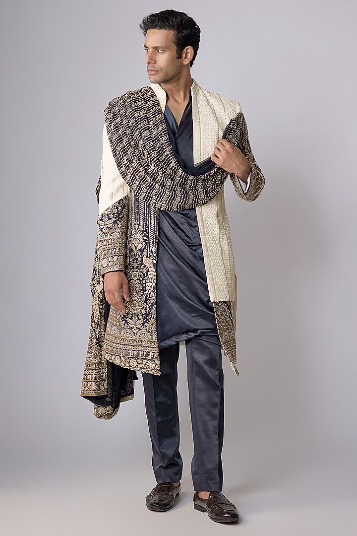 Blue Georgette Draped Groom Sherwani Set by Dapper & Dare at Pernia's Pop Up Shop