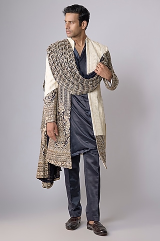 Blue Georgette Draped Sherwani Set by Dapper & Dare