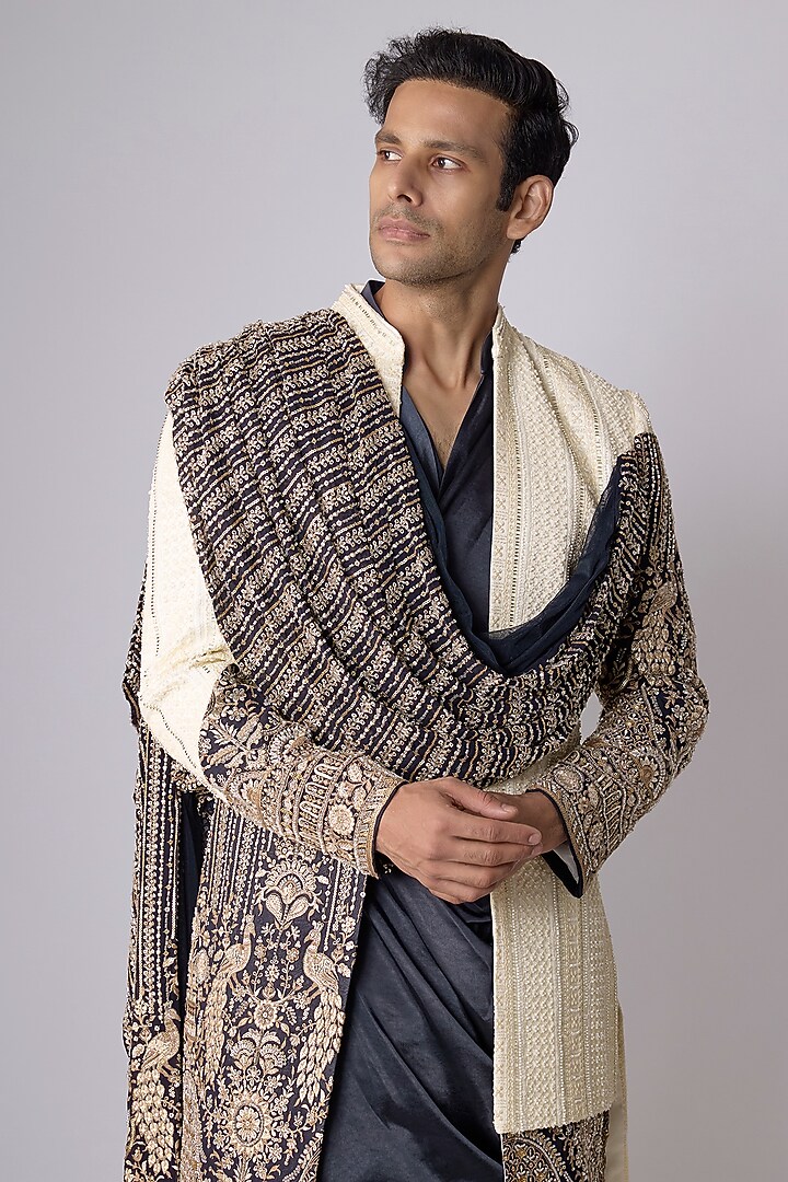 Blue Georgette Draped Groom Sherwani Set by Dapper & Dare at Pernia's Pop Up Shop