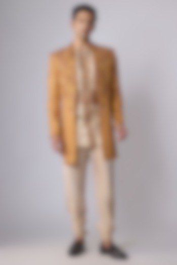 Yellow Silk Satin Zardosi Hand Embroidered Groom Sherwani Set by Dapper & Dare at Pernia's Pop Up Shop