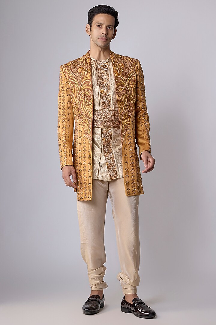 Yellow Silk Satin Zardosi Hand Embroidered Groom Sherwani Set by Dapper & Dare at Pernia's Pop Up Shop